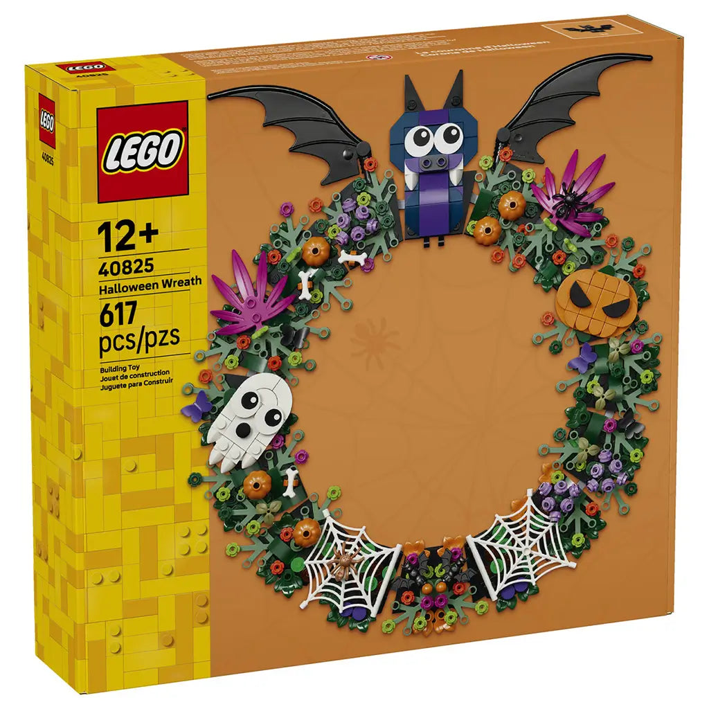 LEGO Halloween Wreath 40825 box front shows the 617-piece green brick wreath with black bat, white ghost, orange pumpkin, purple flowers, and spiderwebs on brown packaging.