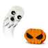 LEGO Halloween wreath figures include a white plastic brick ghost with large black eyes and an orange pumpkin face with slanted black eyes, isolated on a white background.