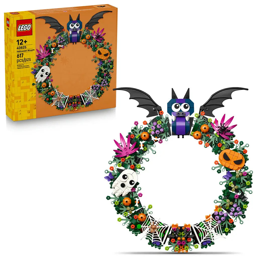 LEGO Halloween Wreath 40825 set pairs brown-and-yellow 617-piece packaging with the green brick wreath, featuring a bat, ghost, pumpkin, flowers, spiders, and webs.