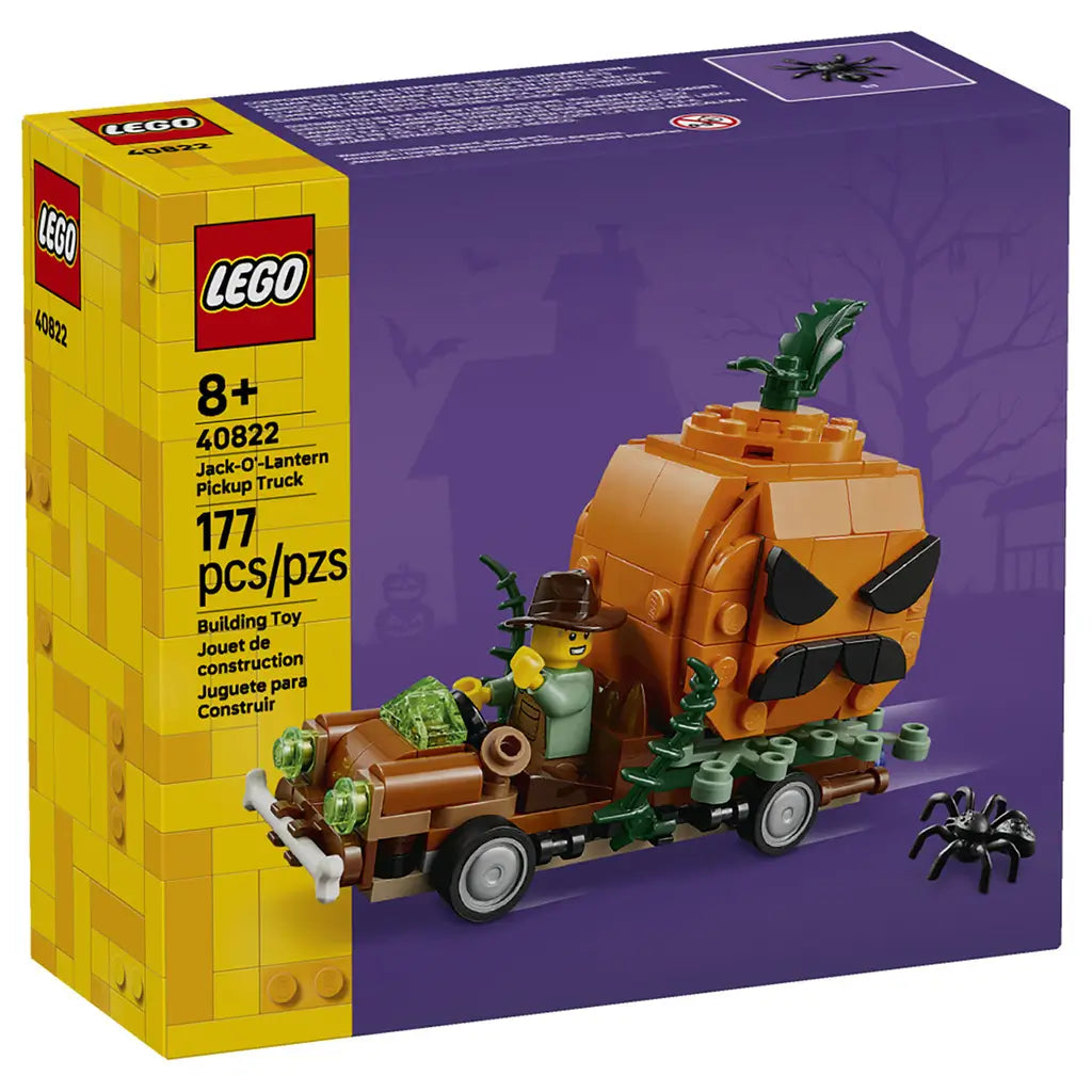 LEGO Jack-O'-Lantern Pickup Truck 40822 box front shows the 177-piece brown vehicle with orange pumpkin, green vines, black spider, and farmer minifigure on purple packaging.