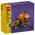 LEGO Jack-O'-Lantern Pickup Truck 40822 box front shows the 177-piece brown vehicle with orange pumpkin, green vines, black spider, and farmer minifigure on purple packaging.