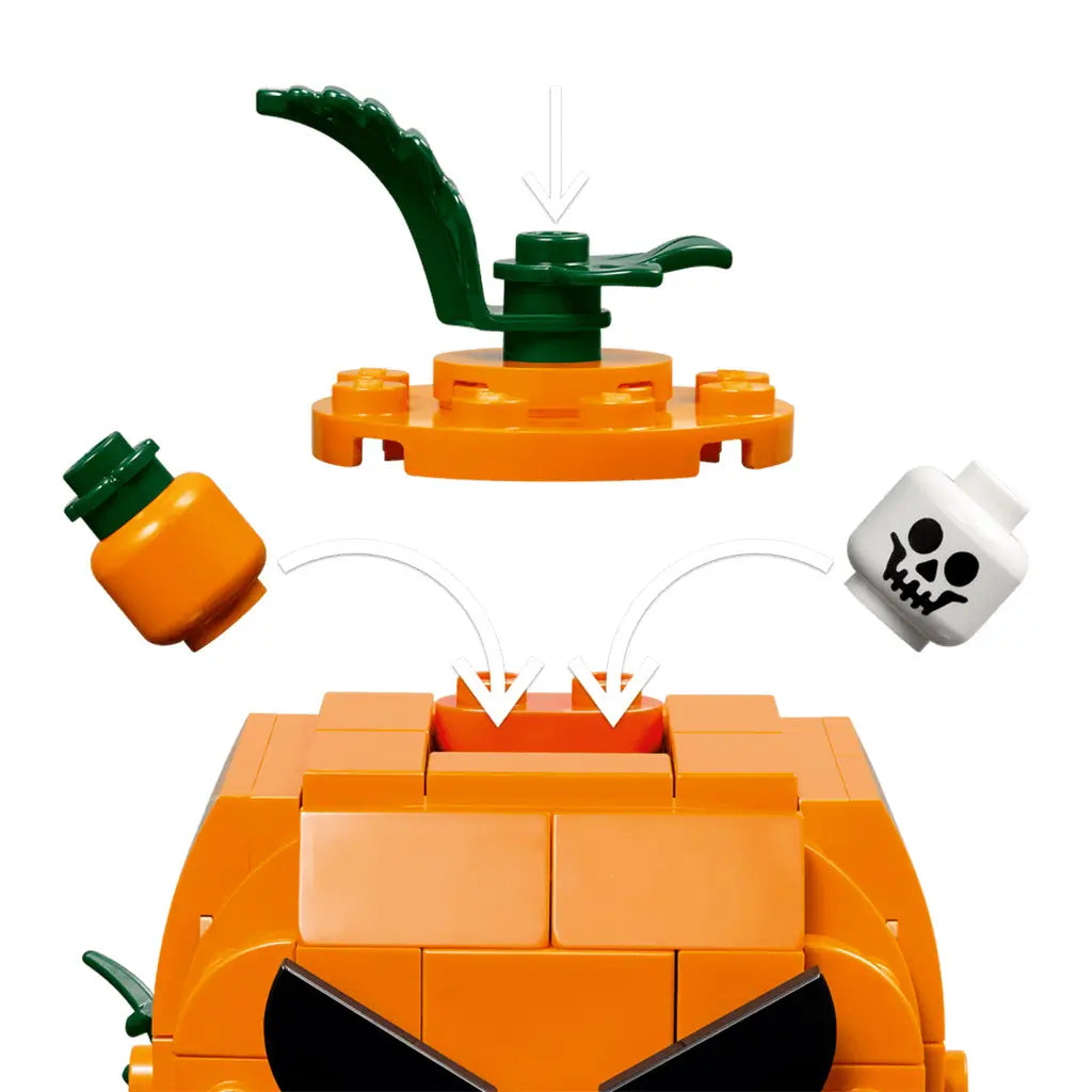 LEGO Jack-O'-Lantern Pickup Truck feature uses orange and green plastic bricks to form a removable pumpkin top, with hidden bottle and skull pieces shown on white.
