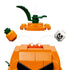 LEGO Jack-O'-Lantern Pickup Truck feature uses orange and green plastic bricks to form a removable pumpkin top, with hidden bottle and skull pieces shown on white.