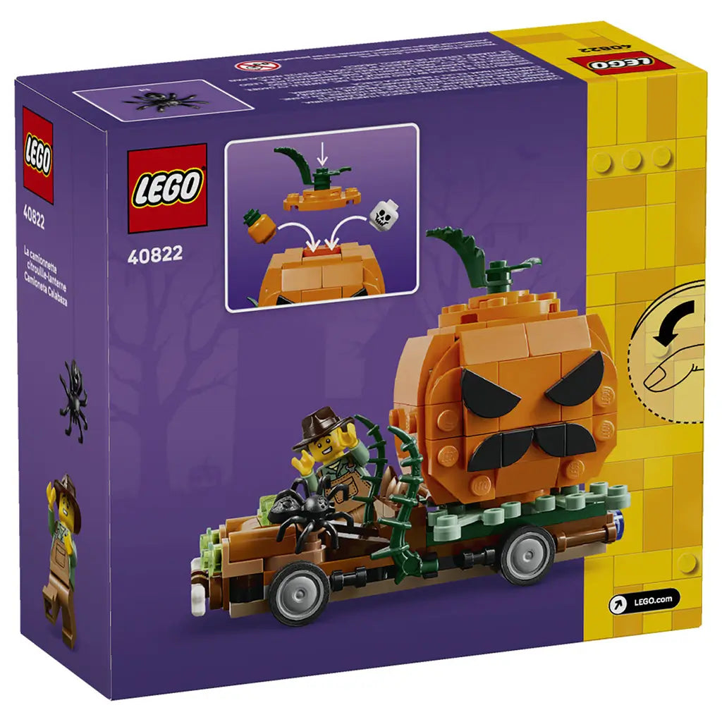 LEGO Jack-O'-Lantern Pickup Truck 40822 package back shows the orange pumpkin vehicle, farmer minifigure, black spider, and removable top revealing hidden pieces.