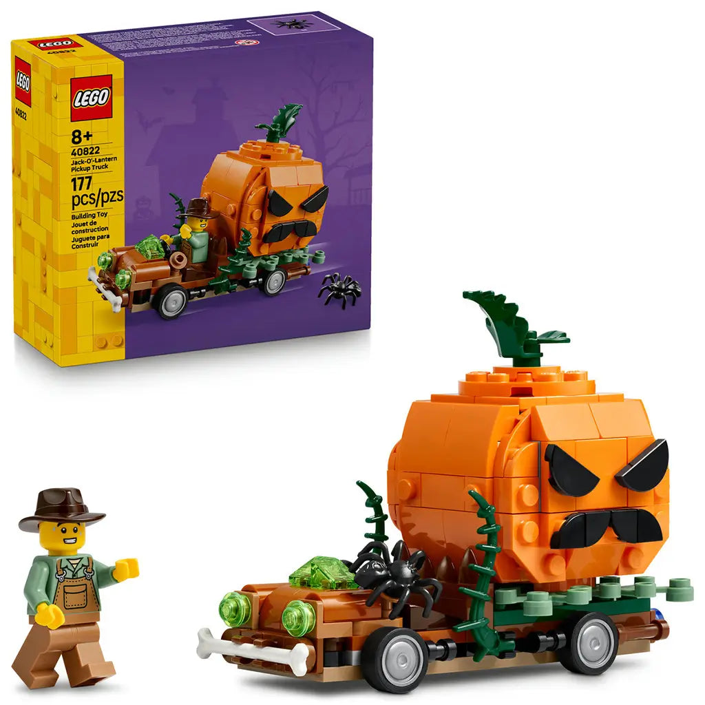 LEGO Jack-O'-Lantern Pickup Truck 40822 pairs the orange pumpkin vehicle and farmer minifigure with purple-and-yellow 177-piece packaging against a white background.