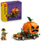 LEGO Jack-O'-Lantern Pickup Truck 40822 pairs the orange pumpkin vehicle and farmer minifigure with purple-and-yellow 177-piece packaging against a white background.