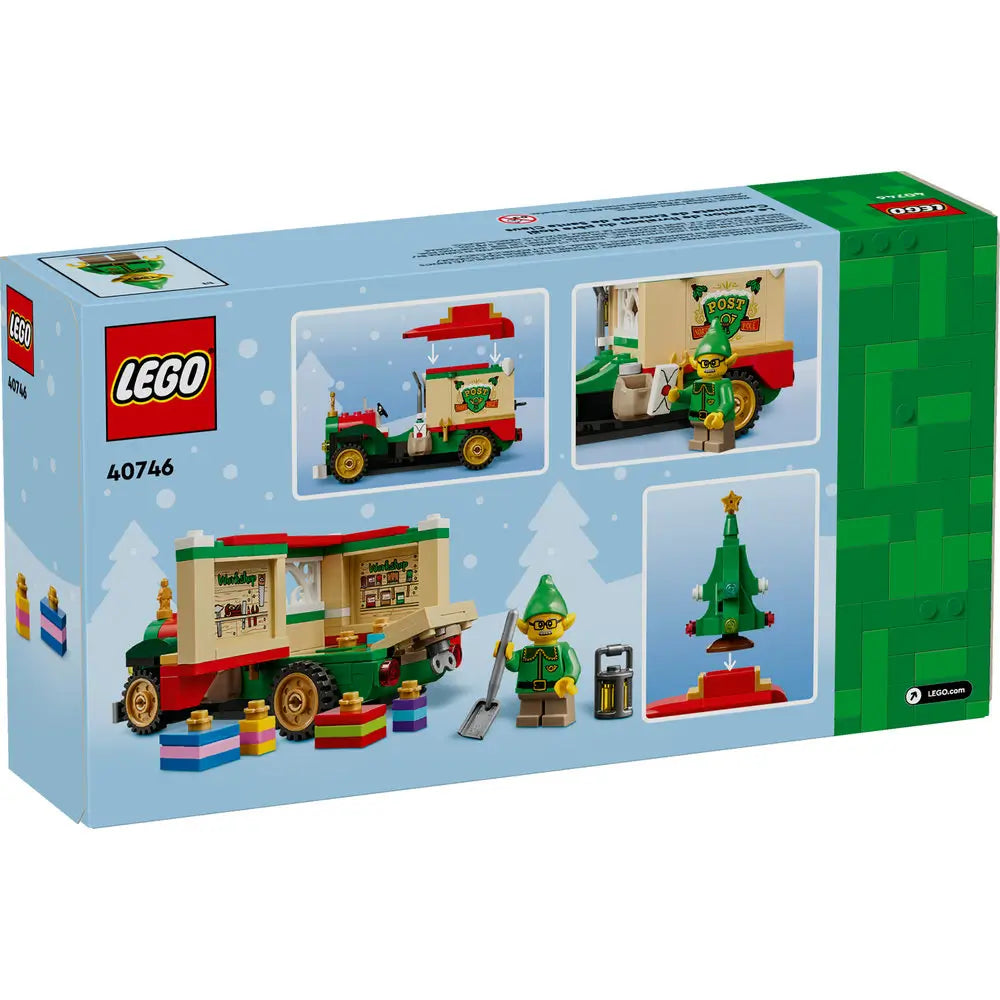 Back of LEGO Santa’s Delivery Truck box showing multiple angles of the model, the removable Christmas tree, and the elf minifigure with gifts and accessories.