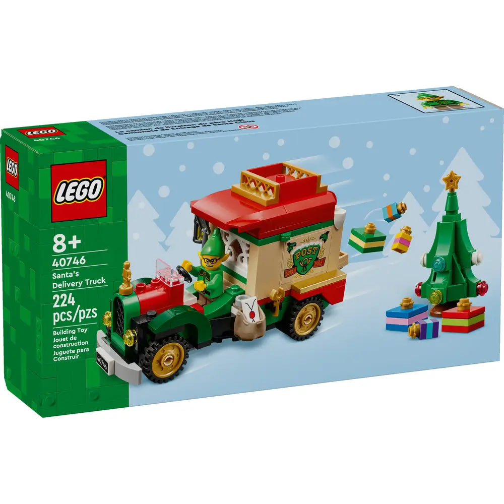 LEGO 40746 Santa’s Delivery Truck set box featuring the North Pole Post truck, a Christmas tree build, and wrapped gift elements for a festive holiday scene.