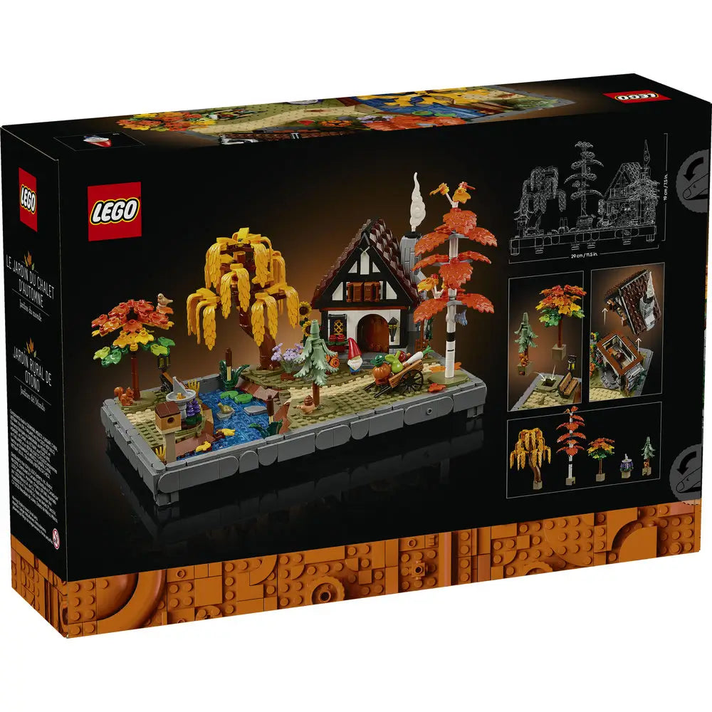 LEGO Icons Autumn Cottage Garden package back shows the black box with multiple build angles, feature callouts, and tree variations, presenting construction details and display options for the diorama set.