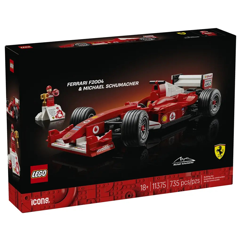 LEGO Ferrari F2004 model car set box features red Formula 1 race car with smooth plastic body, black tires, and sponsor decals, designed as a collectible display model on sleek black branded packaging.