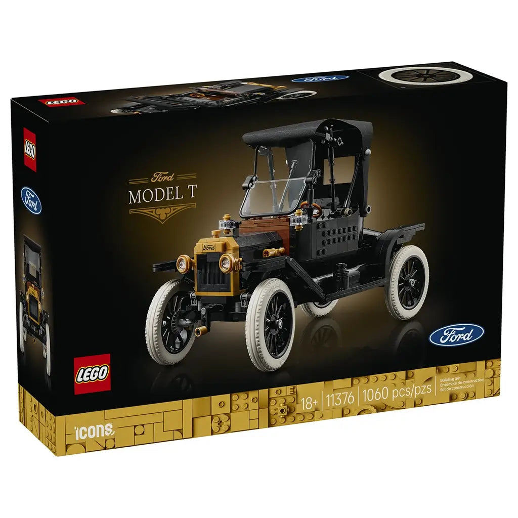 LEGO Ford Model T car set box features black and gold vintage vehicle with smooth plastic panels and white tires, designed as a classic automobile display model shown on sleek black packaging with branding and product details.