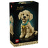 LEGO Icons Golden Retriever Puppy box front features a black cardboard package with tan brick-built dog artwork, product branding and collectible display presentation on a studio backdrop.