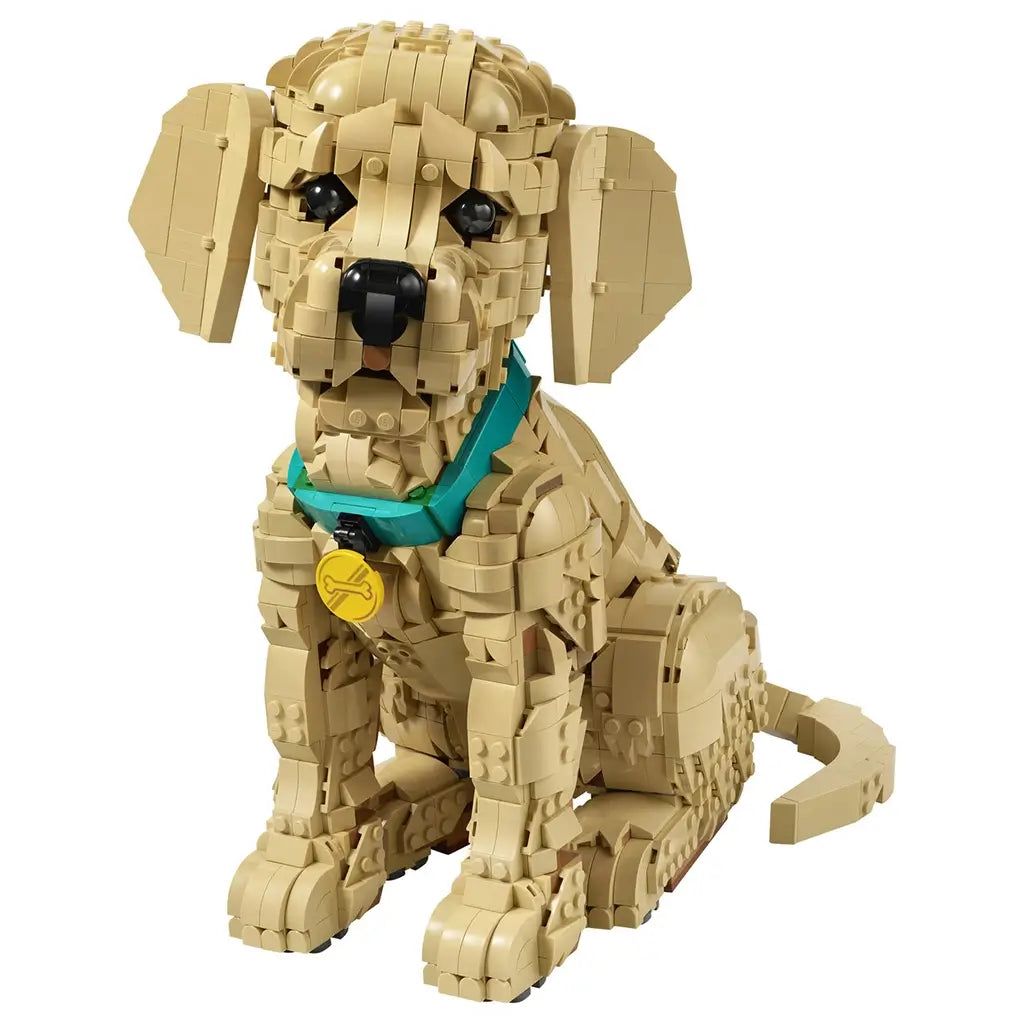 LEGO Icons Golden Retriever Puppy collectible features tan plastic brick-built fur, floppy ears and a seated dog form with teal collar and yellow tag against a clean white background.