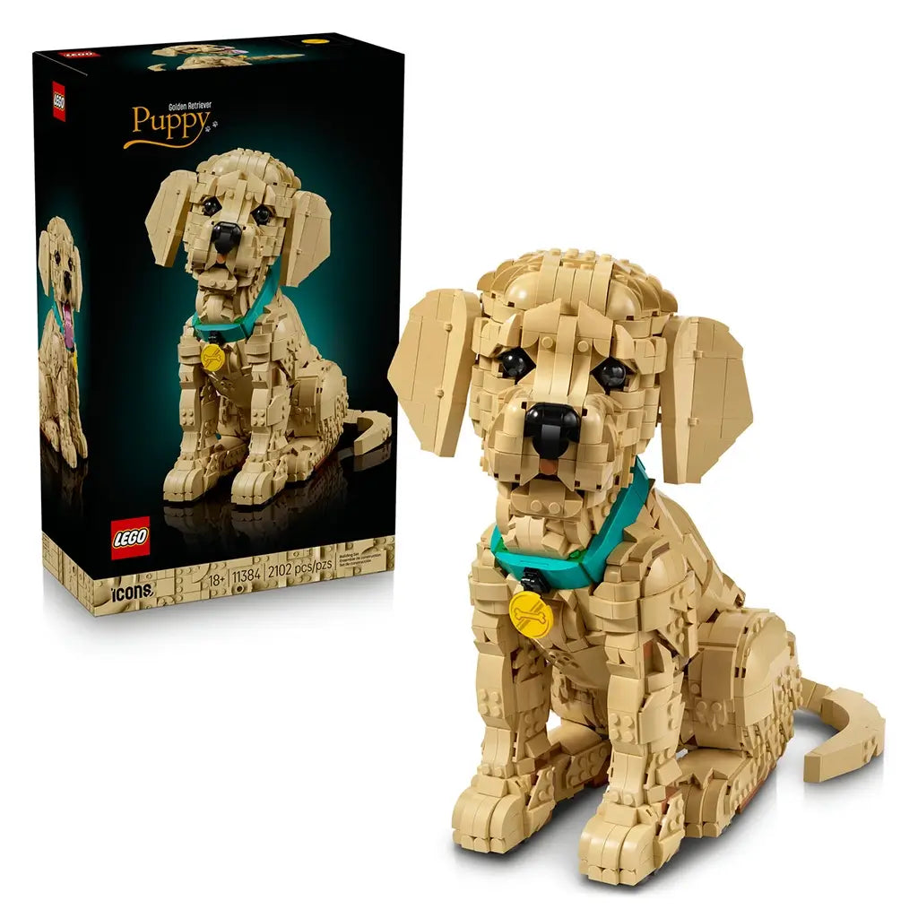 LEGO Icons Golden Retriever Puppy building set features tan plastic brick-built fur, floppy ears and a seated dog form with teal collar and tag, shown beside retail packaging on a white background.