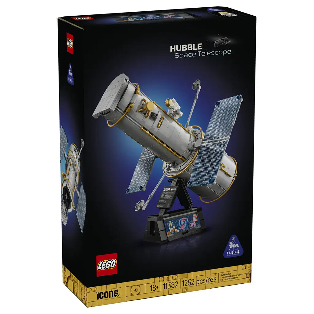 LEGO Icons Hubble Space Telescope 11382 box front uses black packaging to showcase the gray and gold telescope, blue solar panels, black display stand and 1,252-piece count.