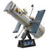 LEGO Icons Hubble Space Telescope model features a gray brick-built cylindrical body, gold piping, blue solar panels and astronaut figure mounted on a black display stand.