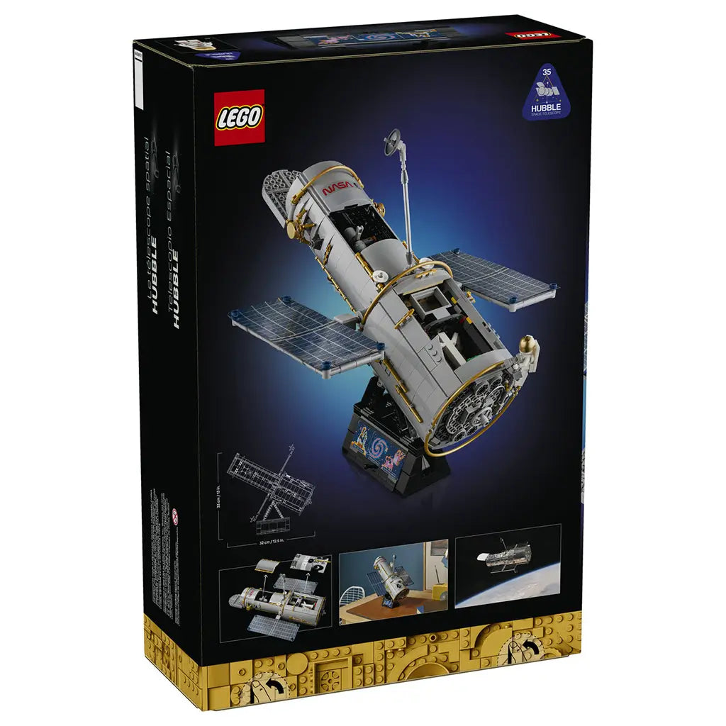 LEGO Icons Hubble Space Telescope 11382 box back uses black packaging to show the gray telescope model, blue solar panels, display stand, dimensions and feature images.