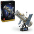 LEGO Icons Hubble Space Telescope 11382 set shows the gray, gold and blue brick-built telescope on a black display stand beside its black retail box on a white background.