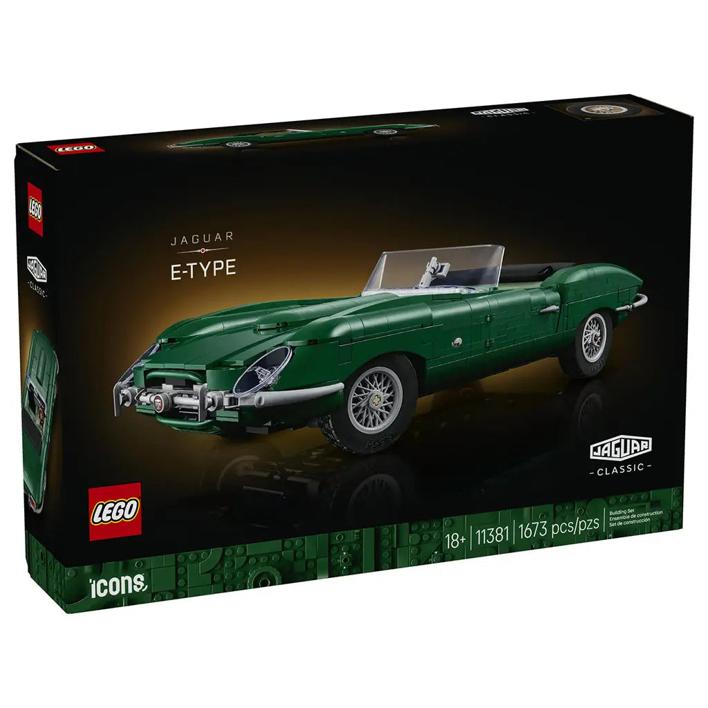 LEGO Icons Jaguar E-Type 11381 box front uses black packaging to showcase the dark green brick-built roadster with silver trim, wire wheels and 1,673-piece count.