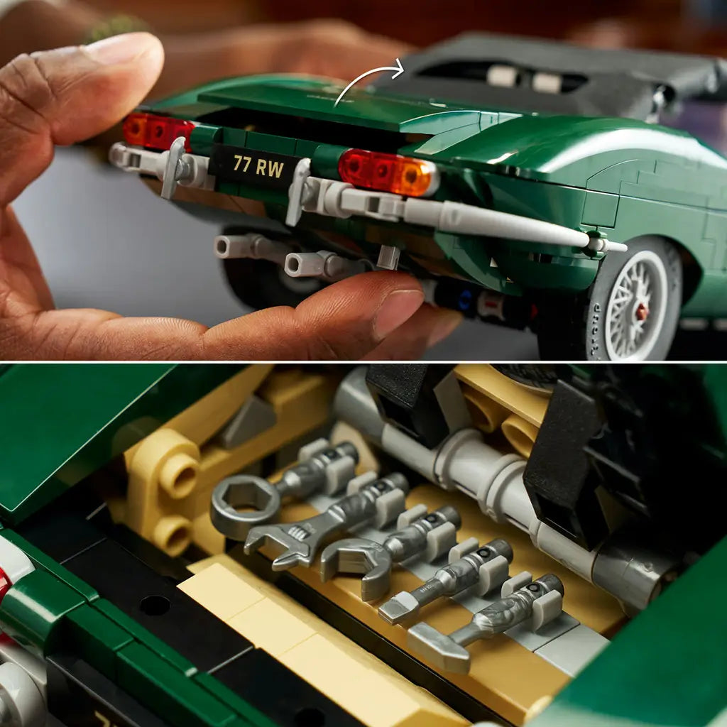 LEGO Icons Jaguar E-Type details show the dark green brick-built rear body, silver bumper and lights above a tan storage compartment holding miniature silver hand tools.