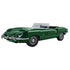 LEGO Icons Jaguar E-Type model features dark green plastic bricks, a long curved roadster body, clear windshield, silver wire wheels and black seats on a white background.
