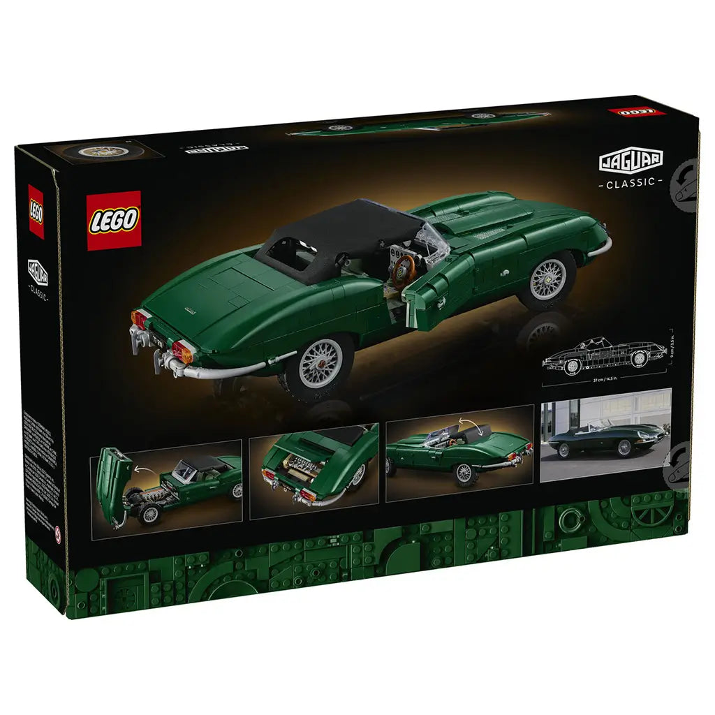LEGO Icons Jaguar E-Type 11381 box back uses black packaging to show the dark green roadster with black soft top, opening features, dimensions and detailed feature images.