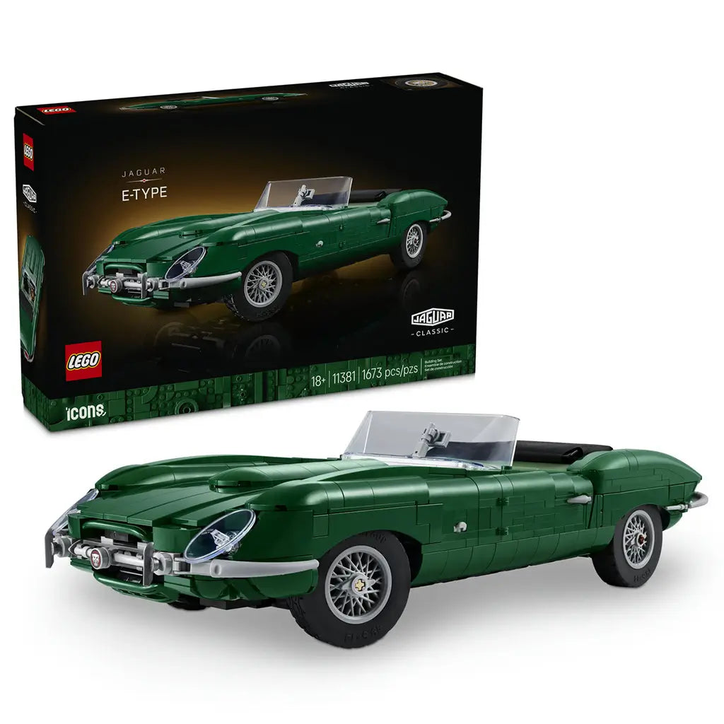 LEGO Icons Jaguar E-Type 11381 set pairs a dark green brick-built roadster with silver wire wheels and clear windshield beside its black retail box on a white background.