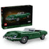 LEGO Icons Jaguar E-Type 11381 set pairs a dark green brick-built roadster with silver wire wheels and clear windshield beside its black retail box on a white background.