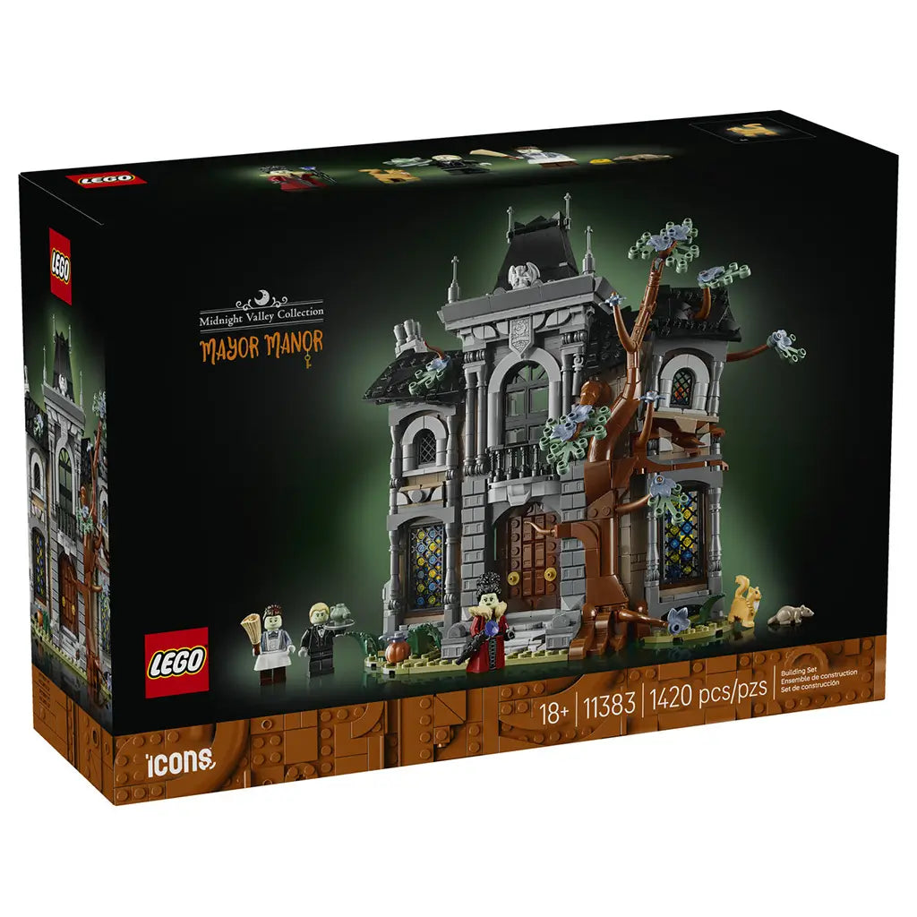 LEGO Icons Mayor Manor set 11383 comes in a black cardboard box showing the gray gothic mansion, twisting brown tree, three minifigures, cat and rat with 1,420 pieces.