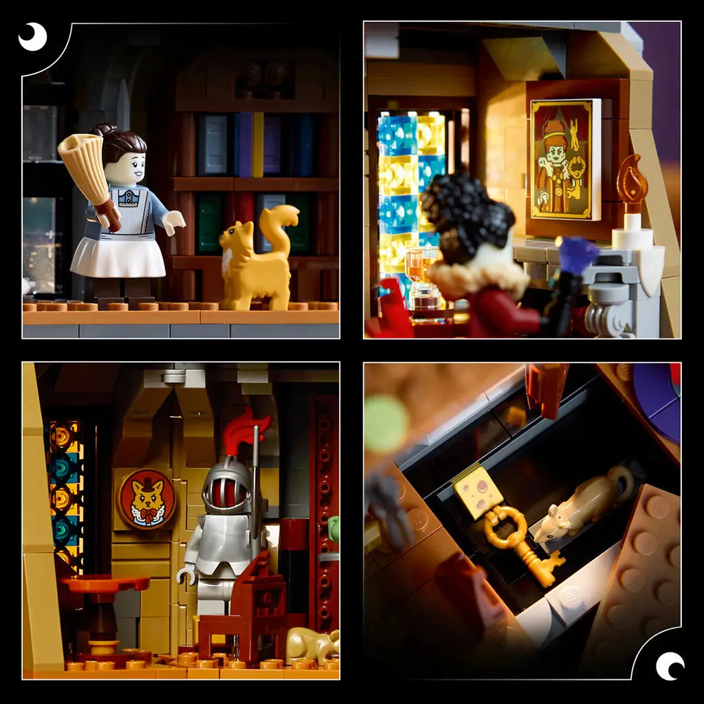 LEGO Icons Mayor Manor set 11383 details dark gray and brown plastic mansion scenes with a maid, cat, portrait, armor, hidden key and rat against black.