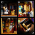 LEGO Icons Mayor Manor set 11383 details dark gray and brown plastic mansion scenes with a maid, cat, portrait, armor, hidden key and rat against black.