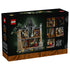 LEGO Icons Mayor Manor set 11383 package back shows the gray and tan plastic mansion interior, furnished rooms, minifigures, detail views and dimensions on a black box.