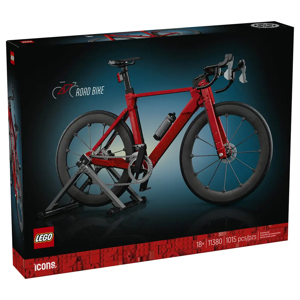 LEGO Icons Road Bike box in black cardboard features the red brick-built racing bicycle, gray display stand, 18+ label, set 11380 and 1015 pieces on the front.