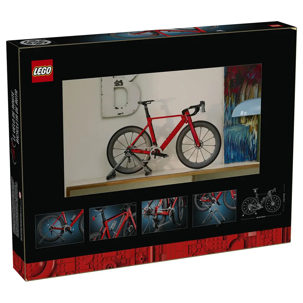 LEGO Icons Road Bike package back in black and red shows the completed brick-built bicycle displayed on a shelf, with smaller panels highlighting model details and scale.