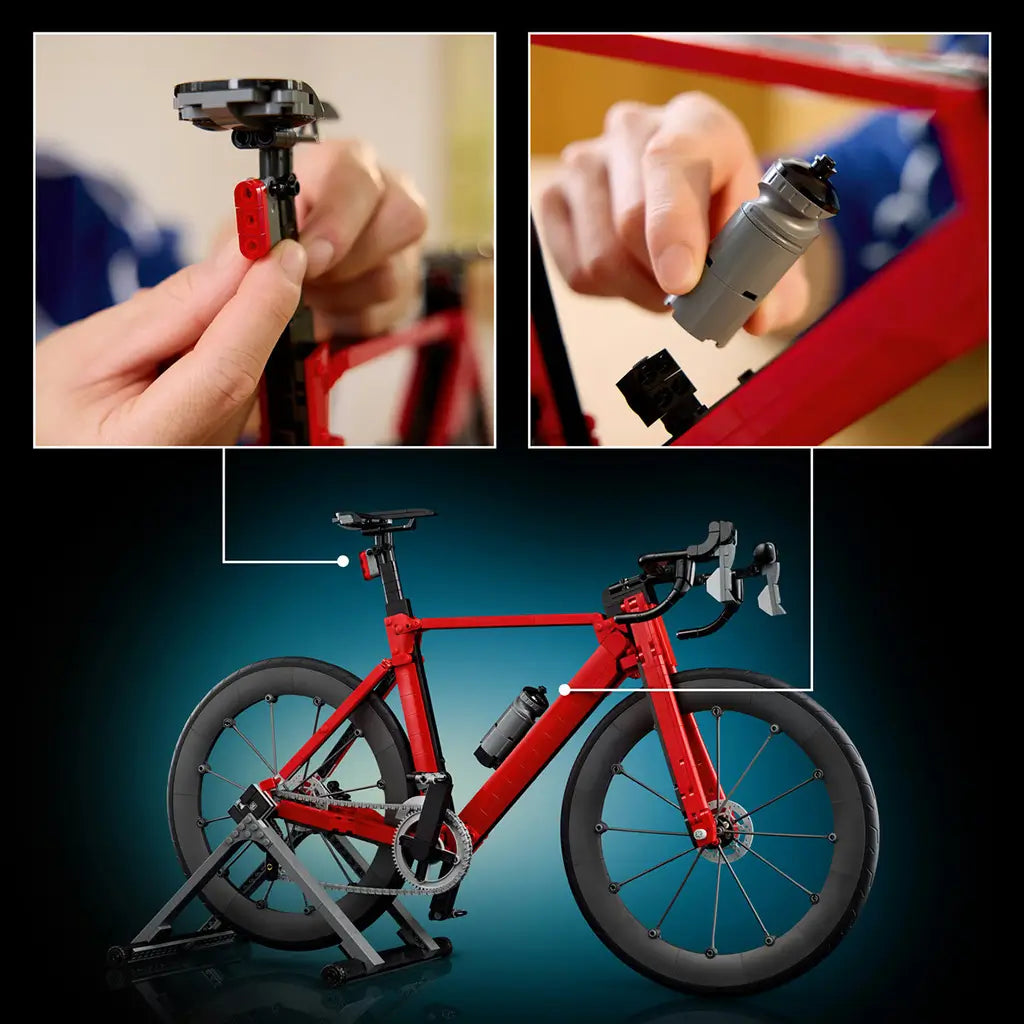 LEGO Icons Road Bike features red and black brick construction, deep wheels and a gray stand, with inset close-ups showing an adjustable saddle and removable bottle.