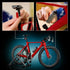 LEGO Icons Road Bike features red and black brick construction, deep wheels and a gray stand, with inset close-ups showing an adjustable saddle and removable bottle.