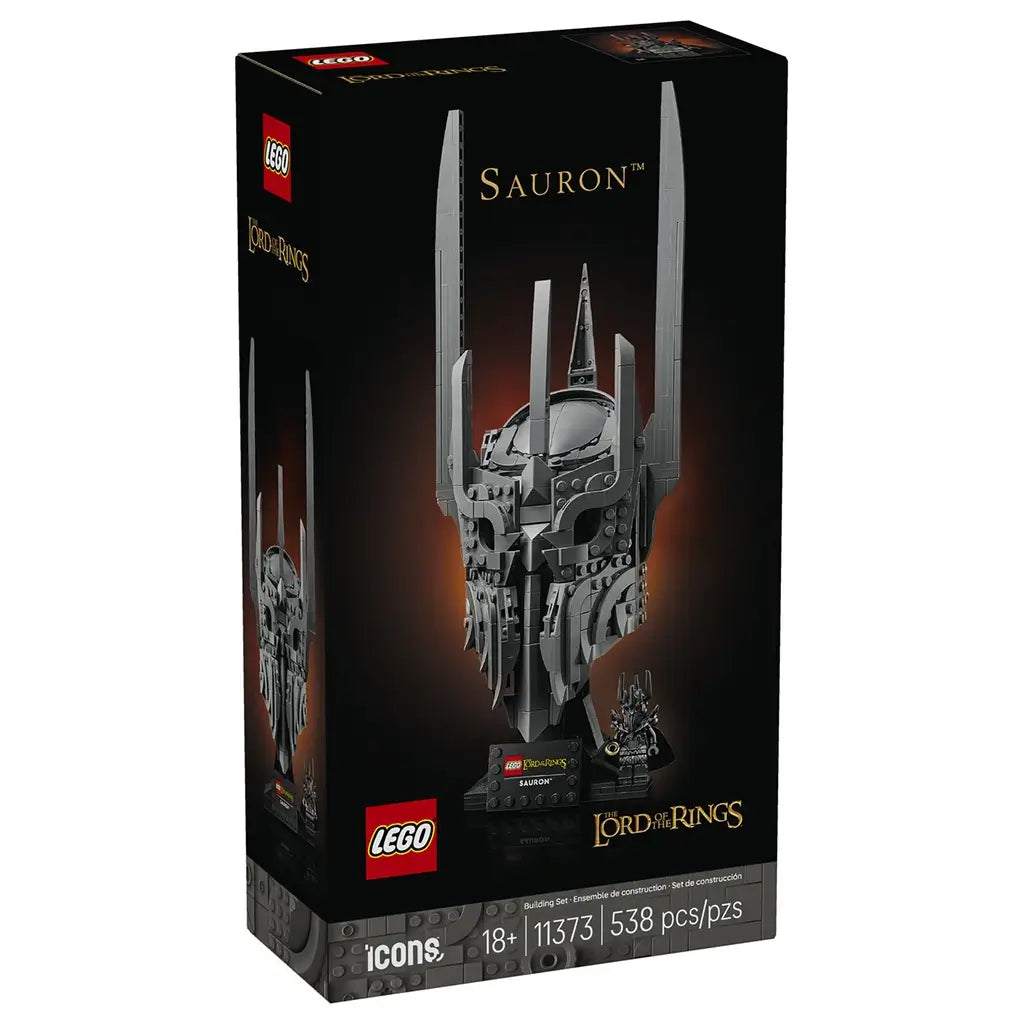 LEGO Icons Sauron helmet set box features dark gray plastic armor with sharp angular spikes forming a tall helmet display model, inspired by The Lord of the Rings, presented on black packaging with branding and product details.
