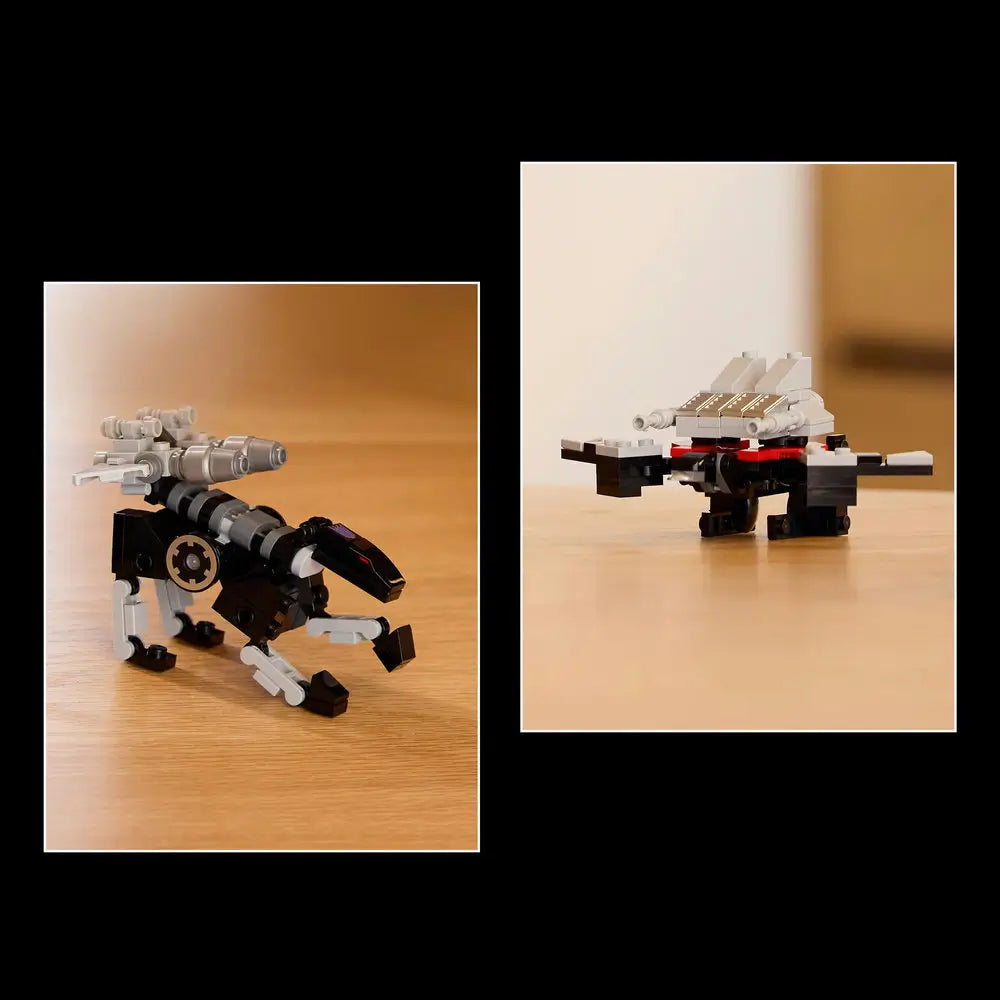 Close-up of LEGO Icons Transformers Soundwave mini builds featuring black and gray robotic creatures with cannon details, representing Soundwave’s cassette companions in animal form.