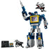 LEGO Transformers Soundwave build with cassette companions Ravage and Laserbeak, showing the robot in a dynamic pose with accessories including a plaque, cassette, and detailed weapon arm.