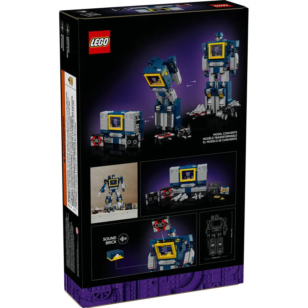 Back of LEGO Icons Transformers Soundwave 10358 box showing transformation steps from robot to cassette player, Soundwave’s cassette minions, and display features with a sound brick detail.