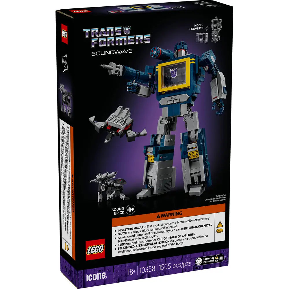 LEGO Icons Transformers Soundwave 10358 set featuring a detailed blue and gray robot with yellow chest window, arm blaster, and transforming cassette companions for display.