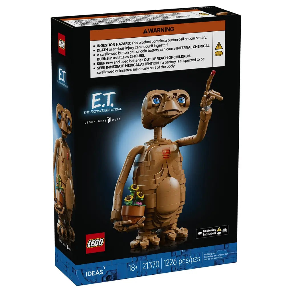 LEGO Ideas E.T. set 21370 black box front shows the brown brick-built alien with blue eyes, flowerpot and raised glowing fingertip, labeled 1226 pieces for ages 18+.