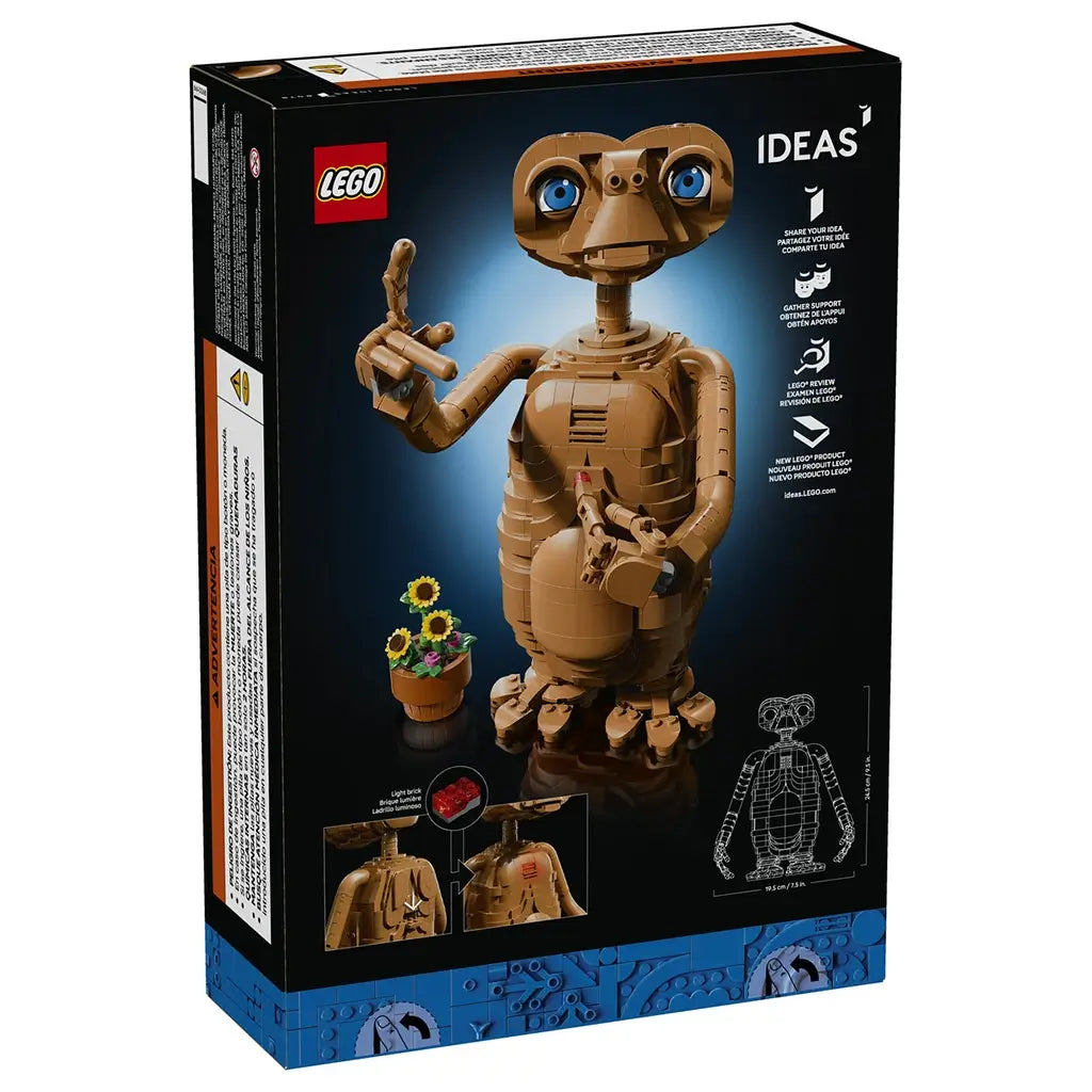 LEGO Ideas E.T. set 21370 black box back shows the brown brick-built alien with blue eyes, flowerpot and light-up chest feature, plus model dimensions and details.