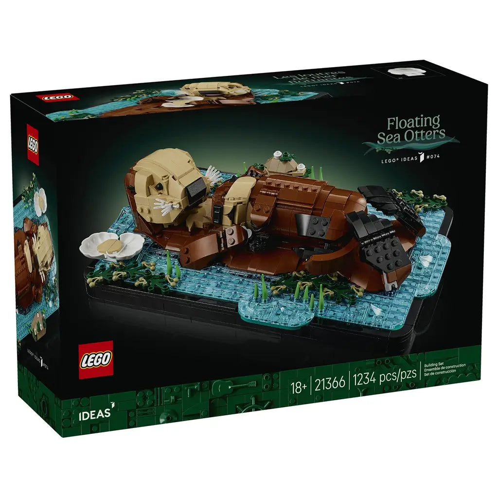 LEGO Ideas Floating Sea Otters set box features brown and tan brick-built otters on a translucent blue water base with green plants, themed as a nature display model, shown on dark packaging with product details and branding.