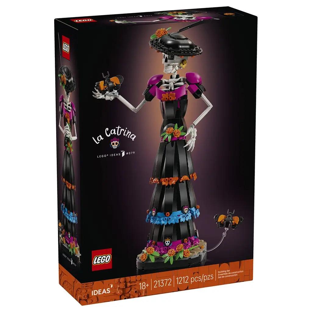 LEGO Ideas La Catrina set 21372 black box front shows a tall white skeleton in a black floral dress with magenta, blue and orange accents, labeled 1212 pieces for ages 18+.
