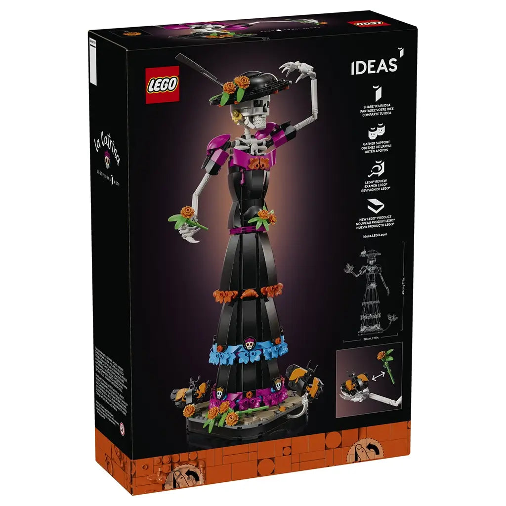 LEGO Ideas La Catrina set 21372 black box back shows the white skeleton figure in a floral black dress, with butterfly detail, dimensions and illustrated design features.