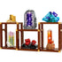 LEGO crystal display set featuring six mineral-inspired builds, including blue quartz, orange calcite, red garnet, and purple amethyst models within brown modular frames.