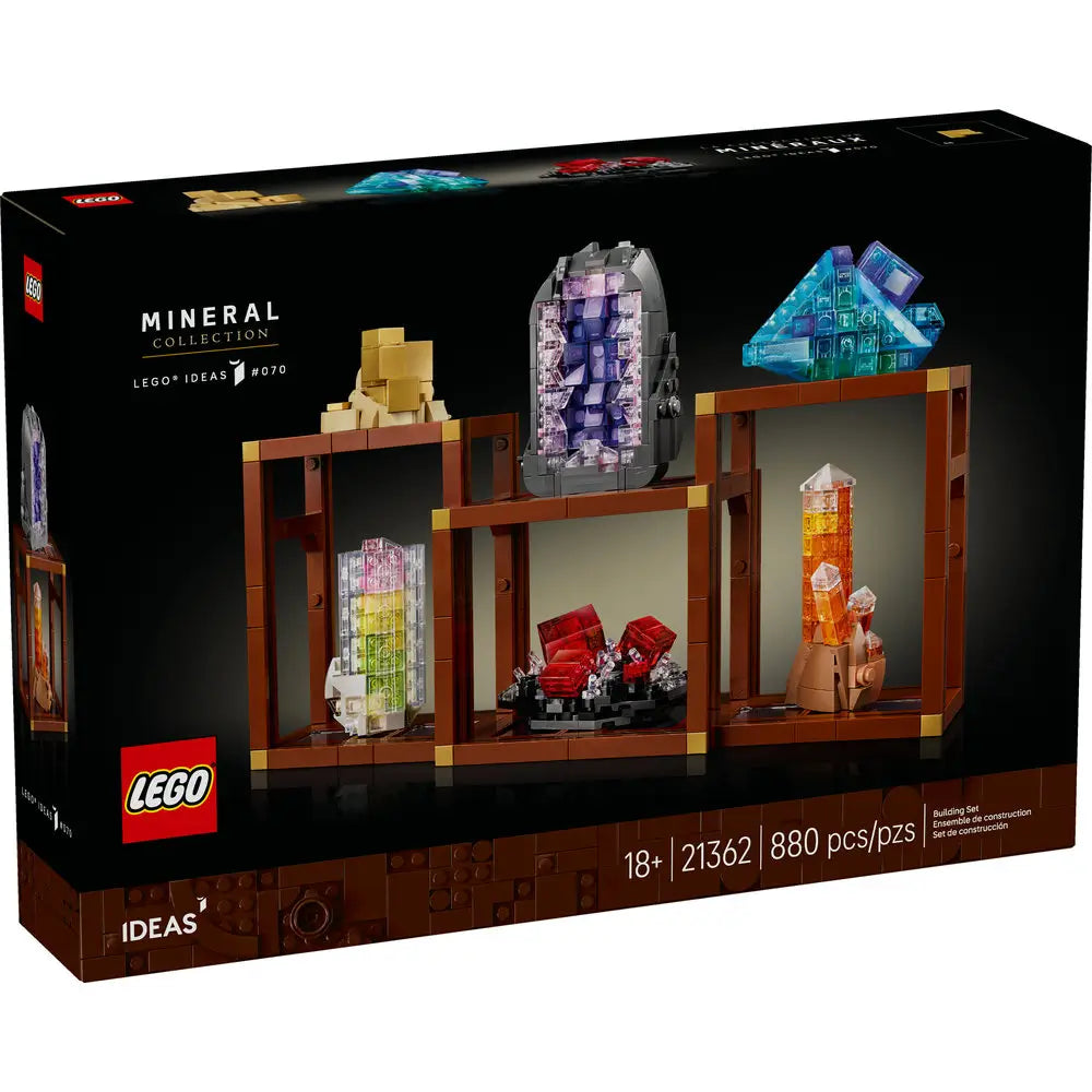 LEGO Ideas Mineral Collection set box showing colorful crystal mineral builds in display frames, with amethyst, topaz, and ruby LEGO models arranged on the packaging.