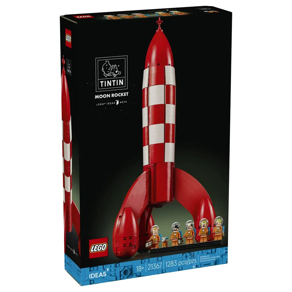 LEGO Ideas Tintin Moon Rocket box front features a black rectangular package with the red and white rocket model, minifigures and branding graphics against a studio backdrop.