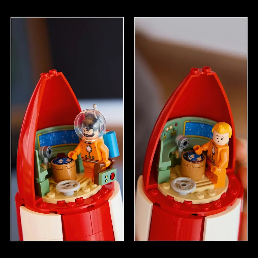 LEGO Ideas Tintin Moon Rocket playset features a red and white plastic rocket control room with an orange astronaut minifigure, dashboard details and cockpit interior displayed in close-up.